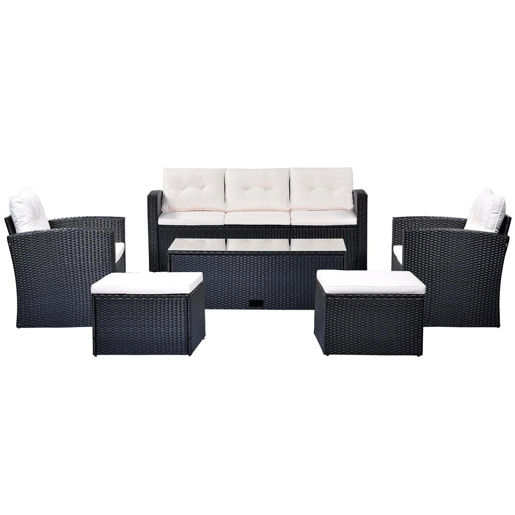 6-piece All-Weather Wicker PE Rattan Patio Outdoor Dining Conversation Sectional Set with Coffee Table, Wicker Sofas, Ottomans, Removable Cushions F15290