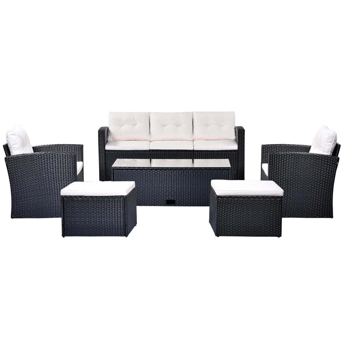 6-piece All-Weather Wicker PE Rattan Patio Outdoor Dining Conversation Sectional Set with Coffee Table, Wicker Sofas, Ottomans, Removable Cushions F15290