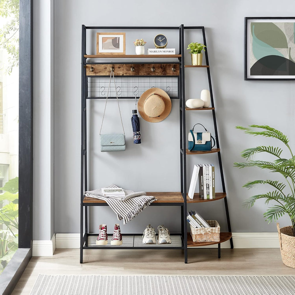 Hall Tree with Bench, 5 Shelf Bookcase, Rustic Brown P42716