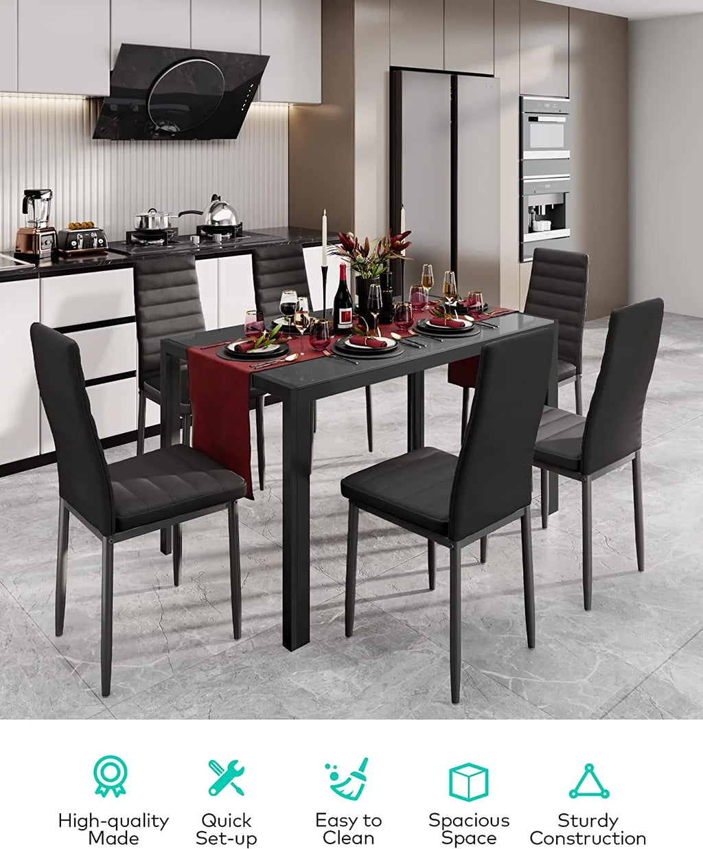 Black PU Leather Dining Table Set with 6 Chairs T89490