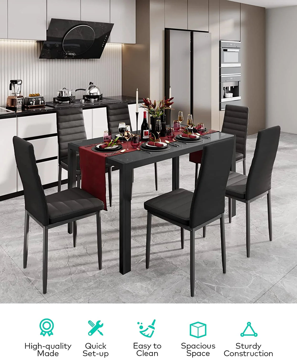 Black PU Leather Dining Table Set with 6 Chairs T89490
