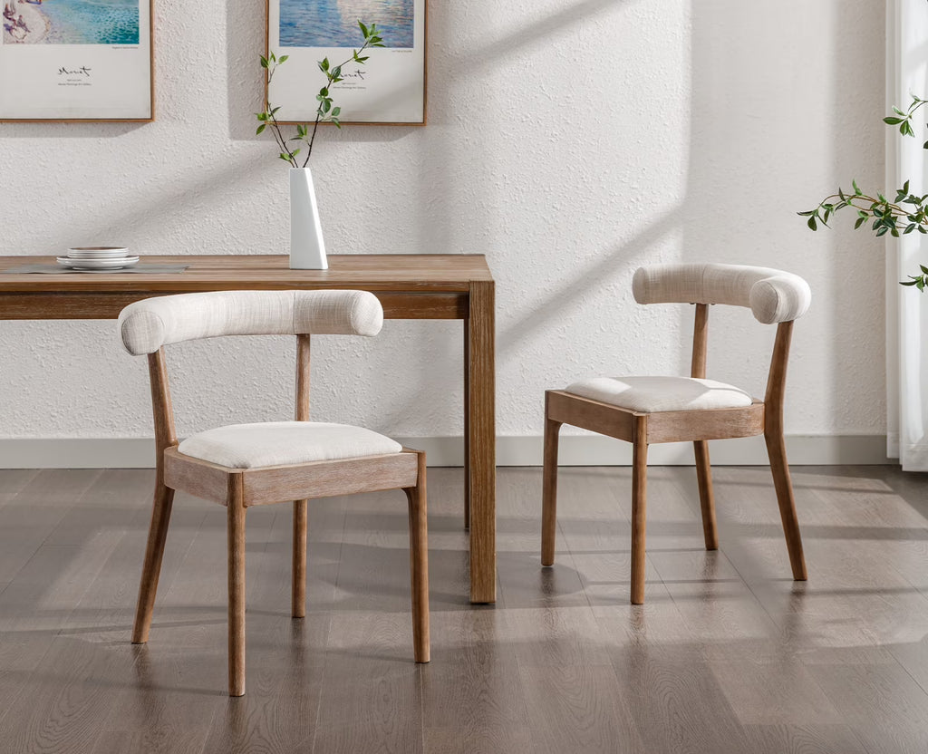 Beige Linen Upholstered Wooden Dining Chairs Set of 2 L5320