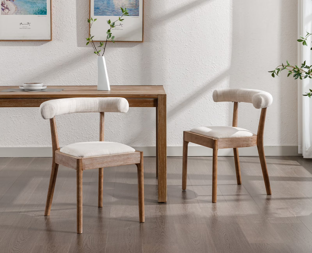 Beige Linen Upholstered Wooden Dining Chairs Set of 2 L5320