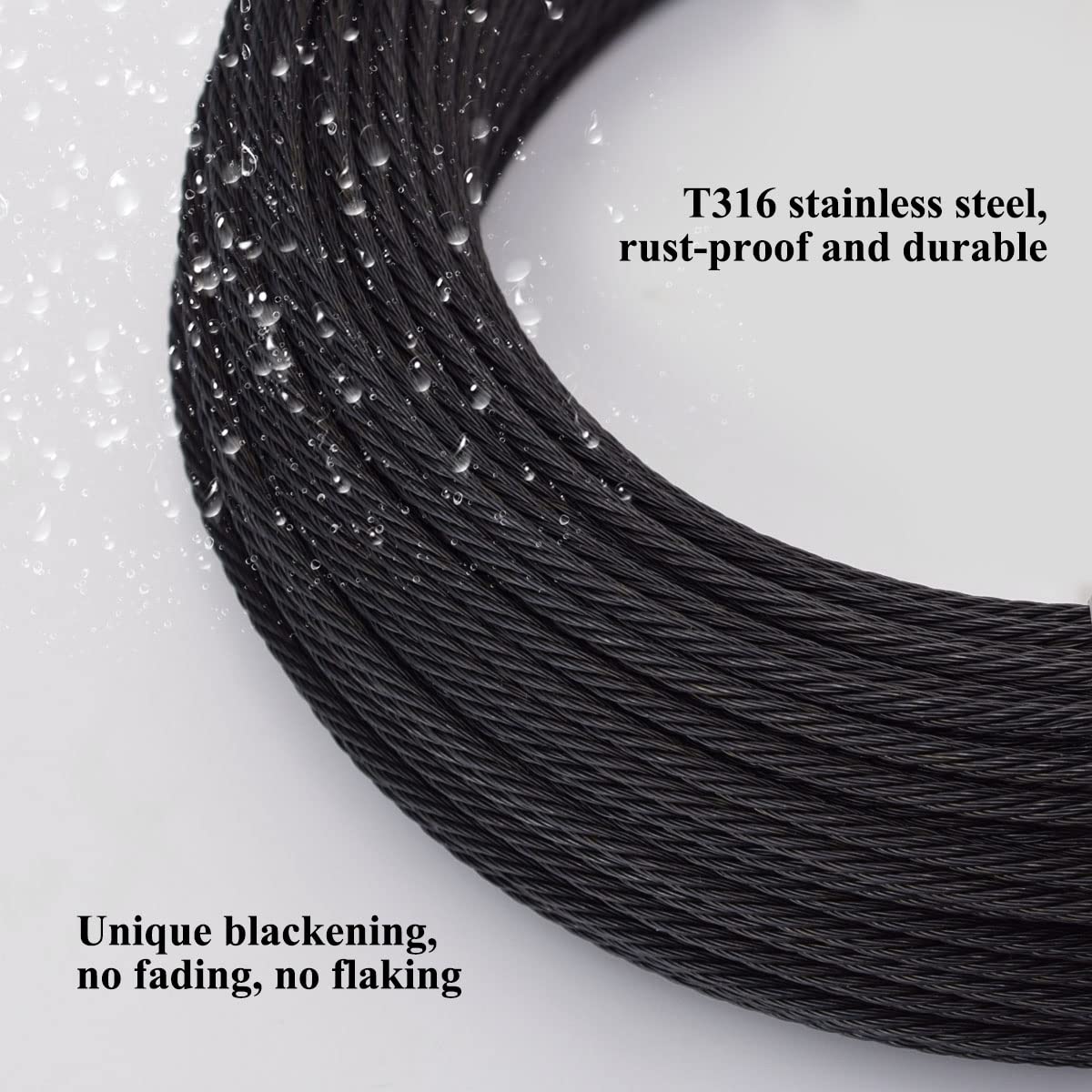 150ft Black T316 Stainless Steel Wire Rope Cable, 7 x 7 Strands W957