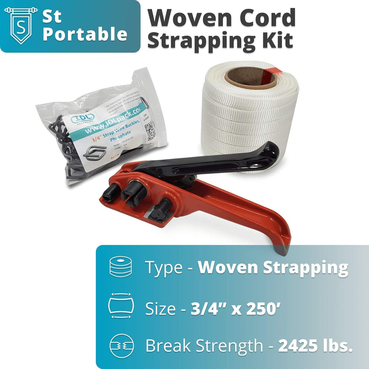 3/4" x 500' Woven Cord Strapping Kit with Tensioner and Buckles D893