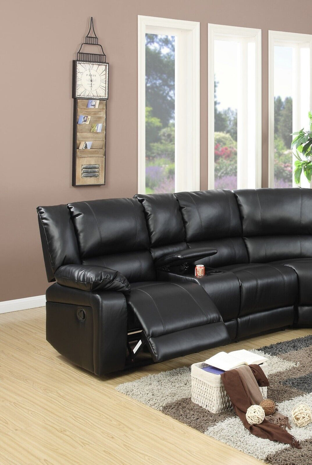 Black Bonded Leather Sectional Sofa with Cup Holder K59722