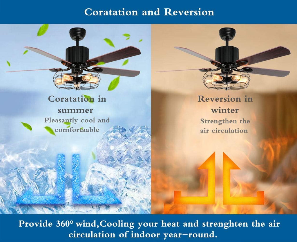Retro Industrial Ceiling Fan Light with Iron Cage Cover Pull Chain Remote and 5 Reversible Wood Leaves 52Inch U329716