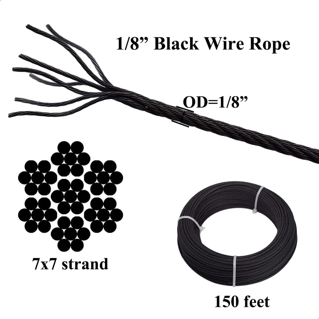150ft Black T316 Stainless Steel Wire Rope Cable, 7 x 7 Strands W957