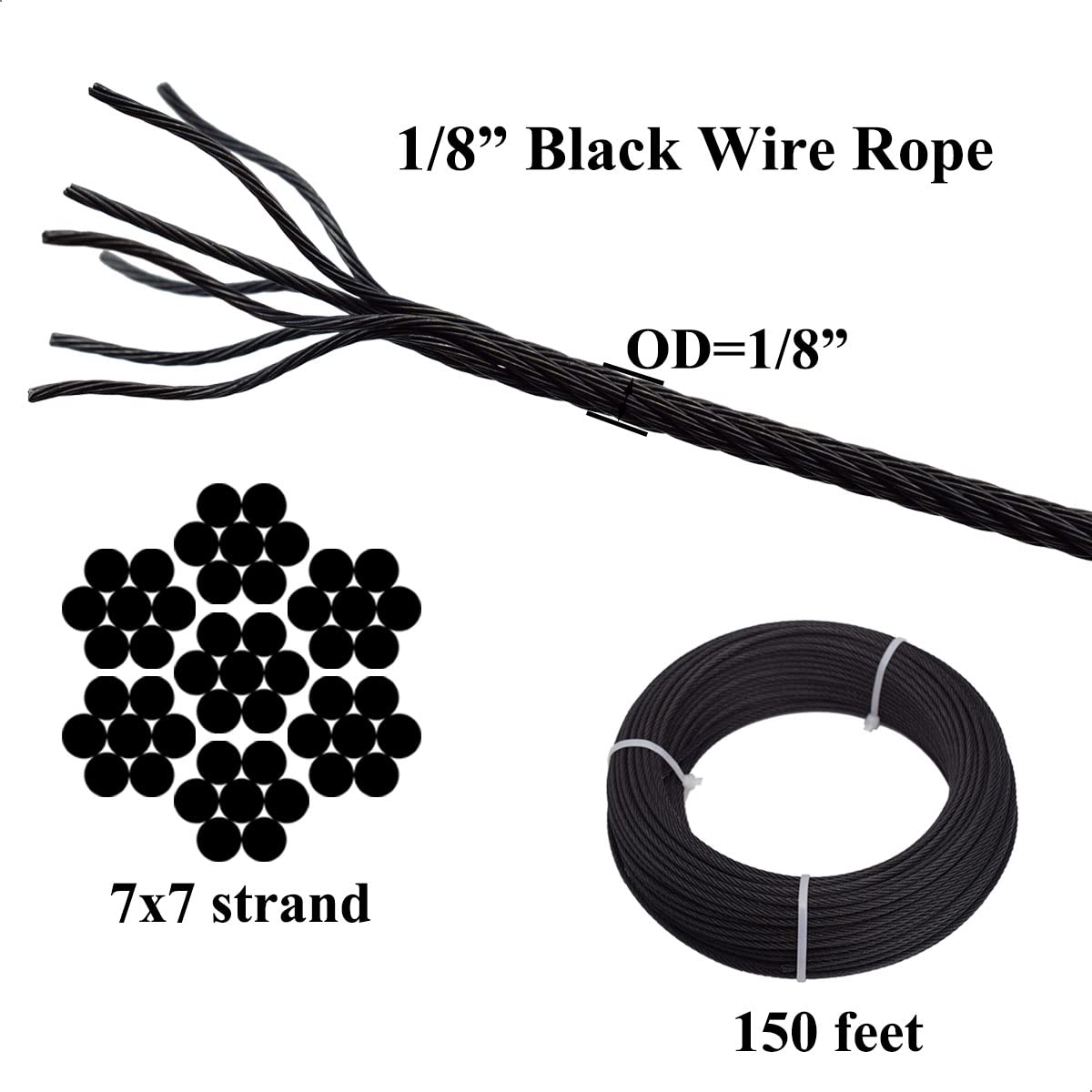 150ft Black T316 Stainless Steel Wire Rope Cable, 7 x 7 Strands W957