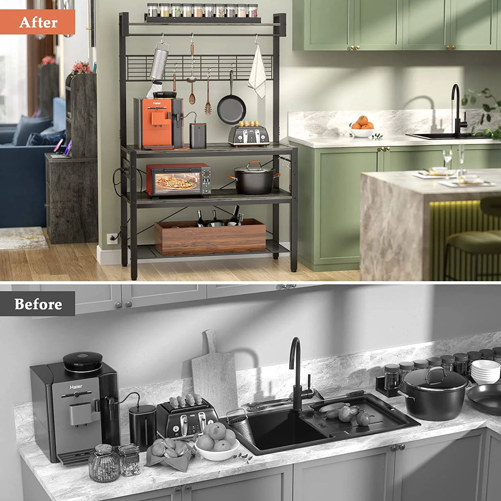 Rustic Brown 4-Tier Microwave Oven Stand with 10 Hooks J4010