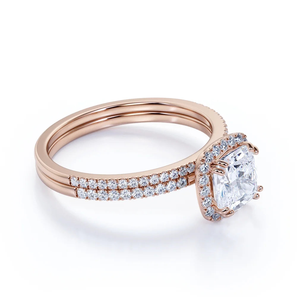 1.5 Carat Cushion Cut Halo Moissanite Bridal Ring Set in 18k Rose Gold Over Silver F784252
