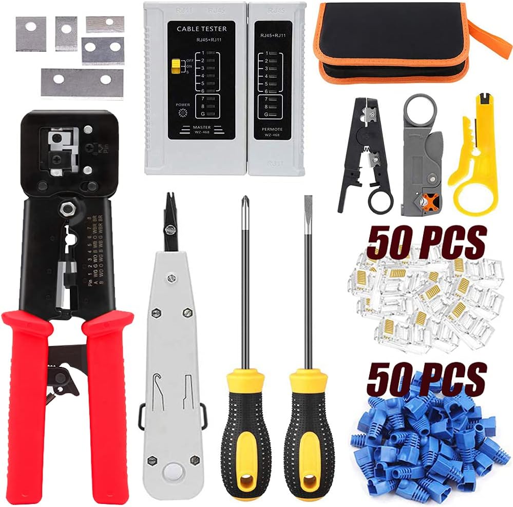 RJ45 Crimp Tool Set with 50PCS Connectors, 50PCS Covers, Blue, Pack of 2 I235014
