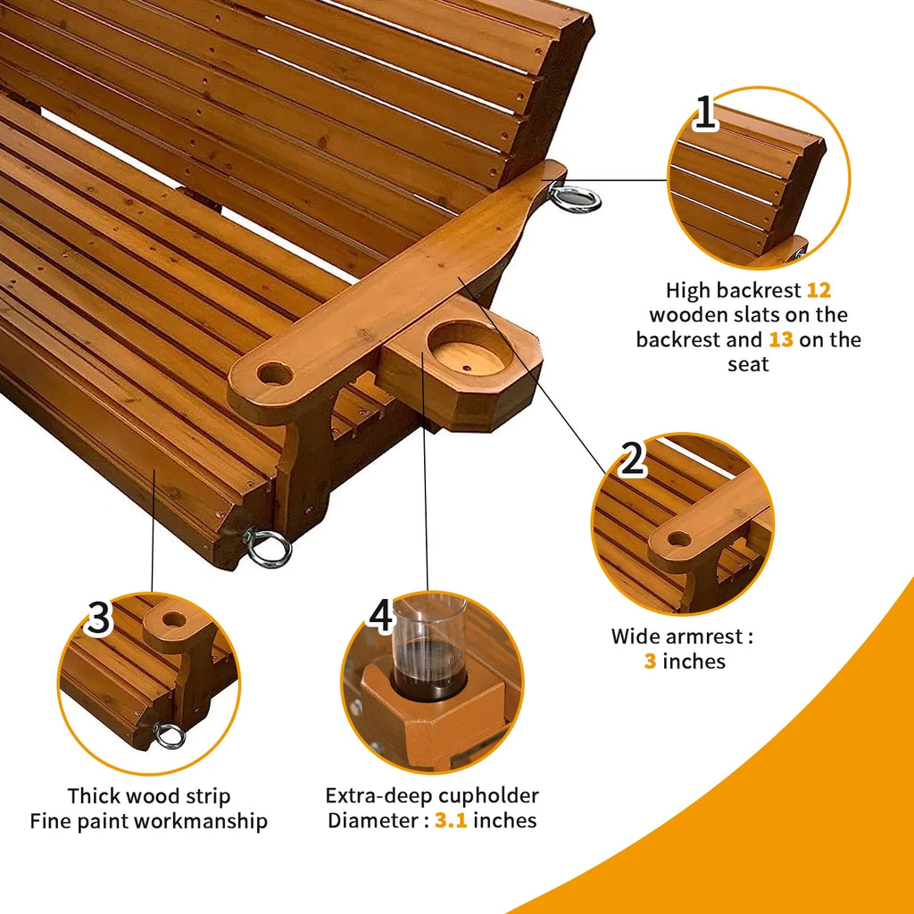 Brown Outdoor Wood Porch Swing with Cup Holders I2344