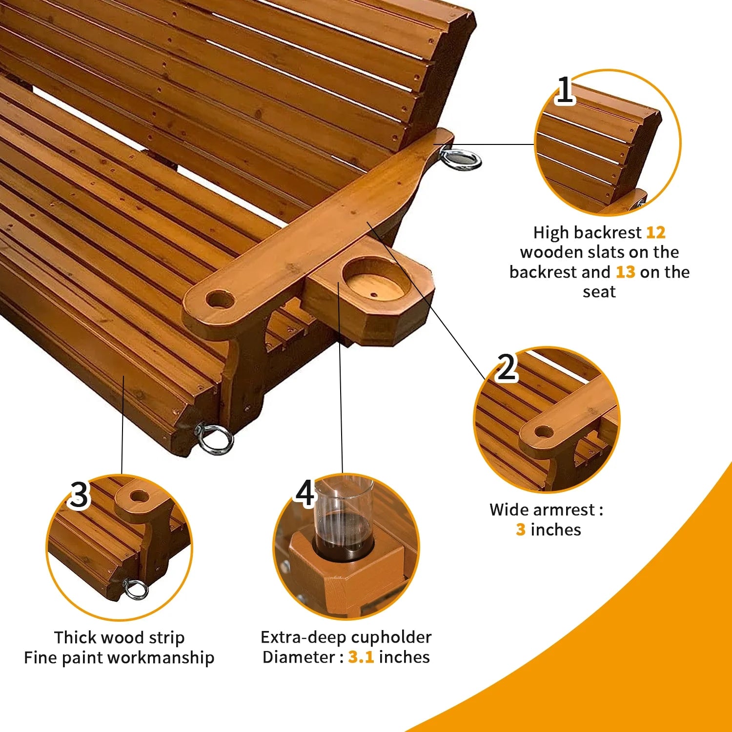 Brown Outdoor Wood Porch Swing with Cup Holders I2344