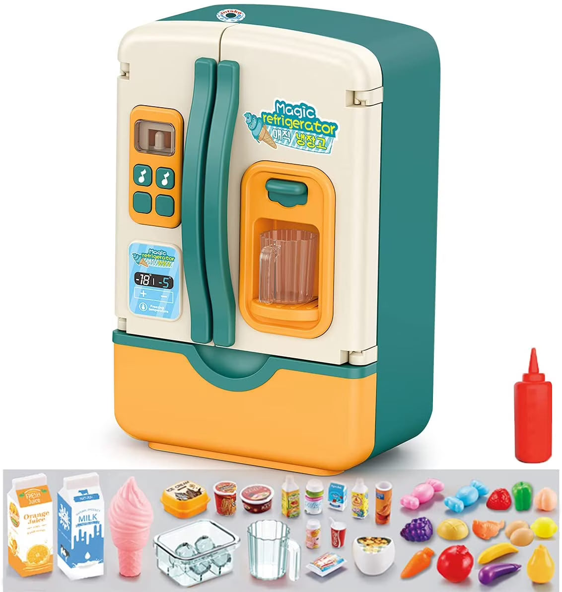 Kids Kitchen Toys Fridge Refrigerator Play Kitchen Set with Accessories Music and Light F7481