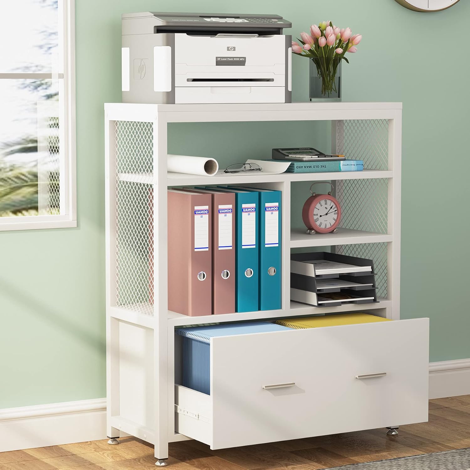 White Wood Lateral File Cabinet with Drawer and Metal Wire Open Storage Shelves X69943