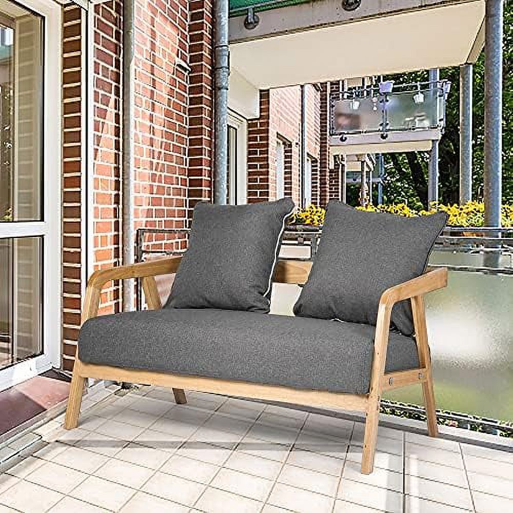 Grey 2-Seat Fabric Loveseat Sofa with Wood Armrest D869