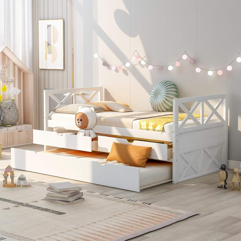 White Wooden Twin Size Daybed with 2 Drawers A360244