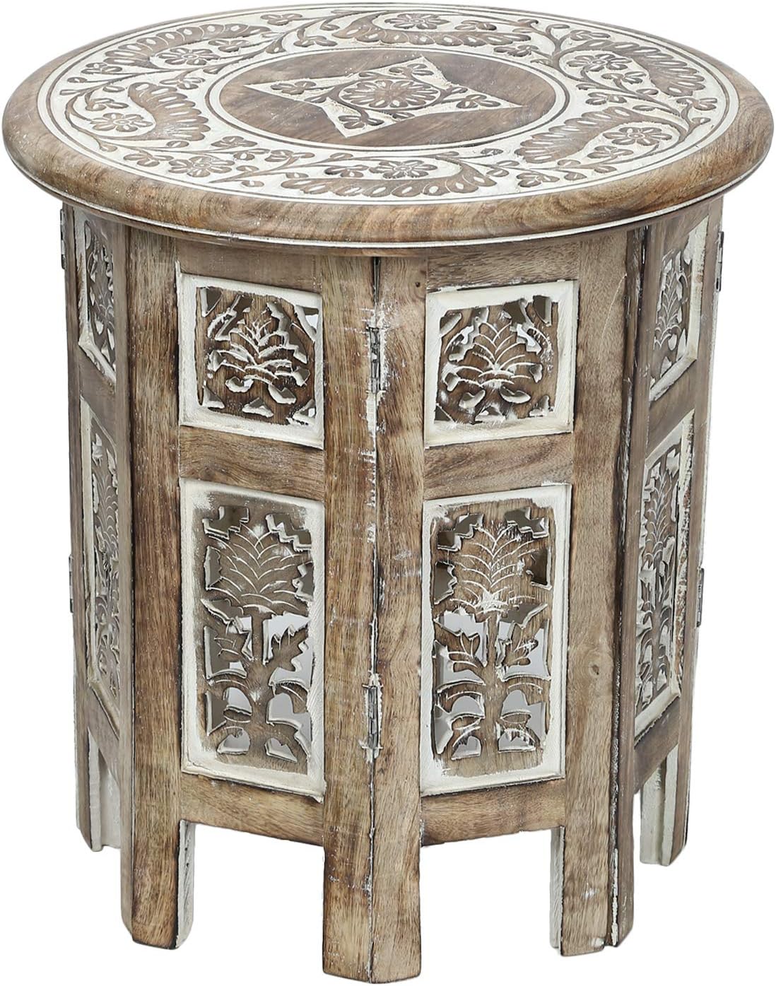 Small Rustic Wood Table Round White Side Coffee Accent F8226