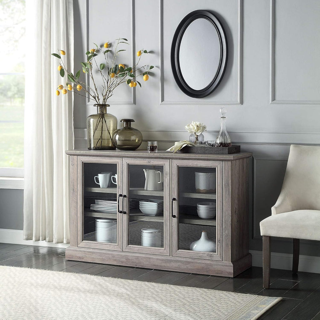 Farmhouse Wood Sideboard Buffet Entertainment Center with Storage Cabinet, Glass Doors, and Adjustable Shelves G717