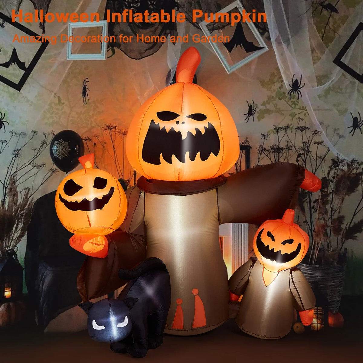 Inflatable Halloween Pumpkin with Cats, Built-in LED Lights, Outdoor Decor T535872