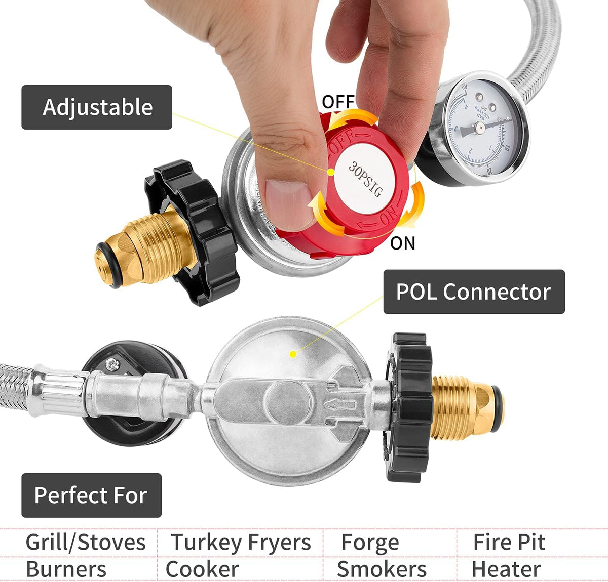 12 Foot High Pressure Adjustable Propane Regulator 0-30 PSI with Gauge P240