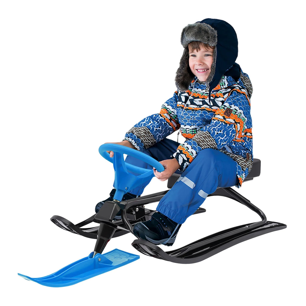 Blue Snow Sled with Steering Wheel and Double Brake Pull Rope E833803