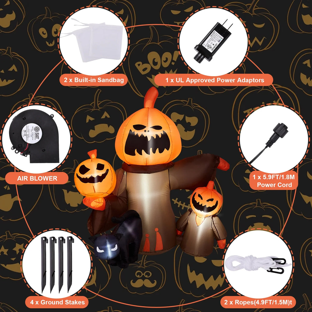 Inflatable Halloween Pumpkin with Cats, Built-in LED Lights, Outdoor Decor T535872