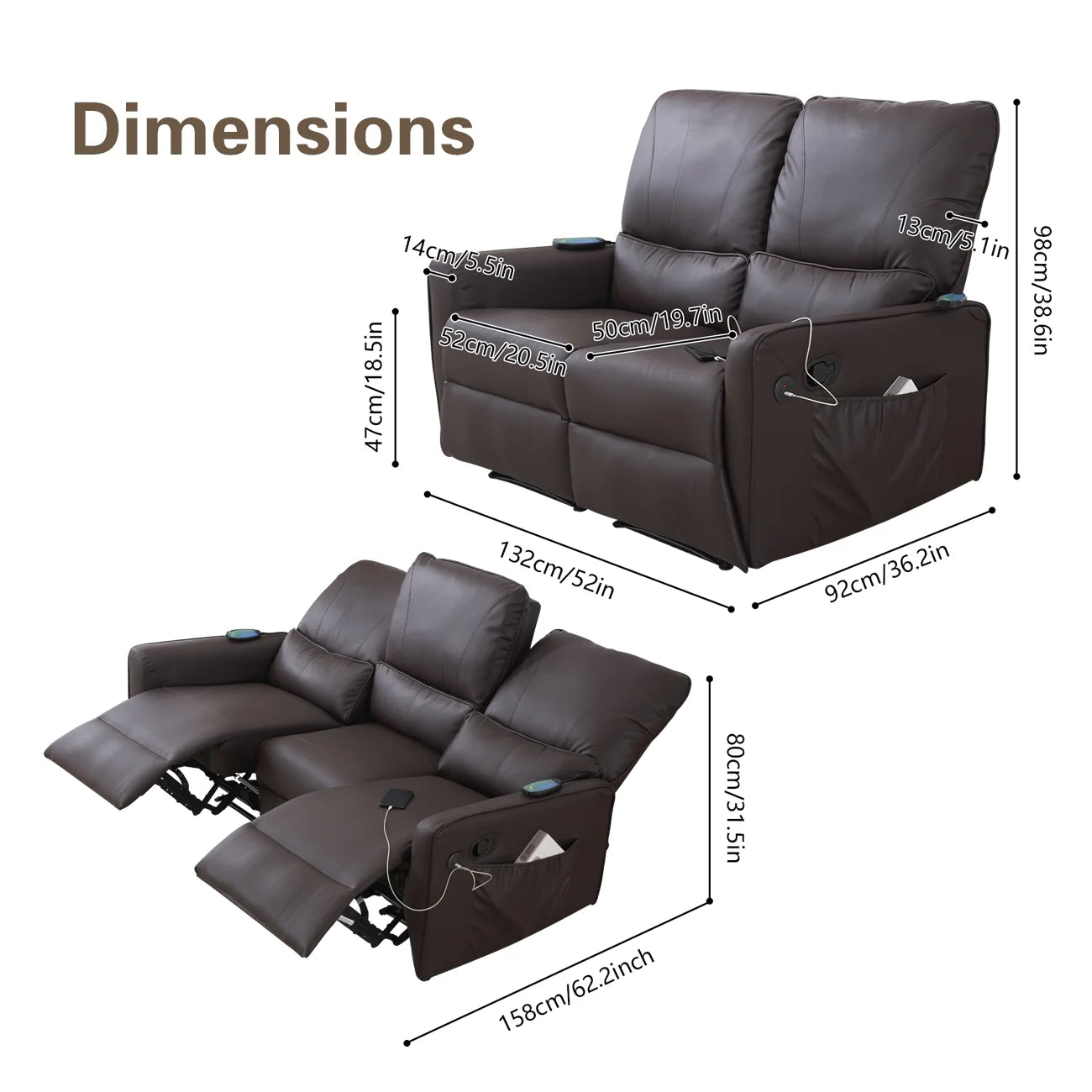 Brown 2 Seater Power Recliner with Massage and Heat T64007