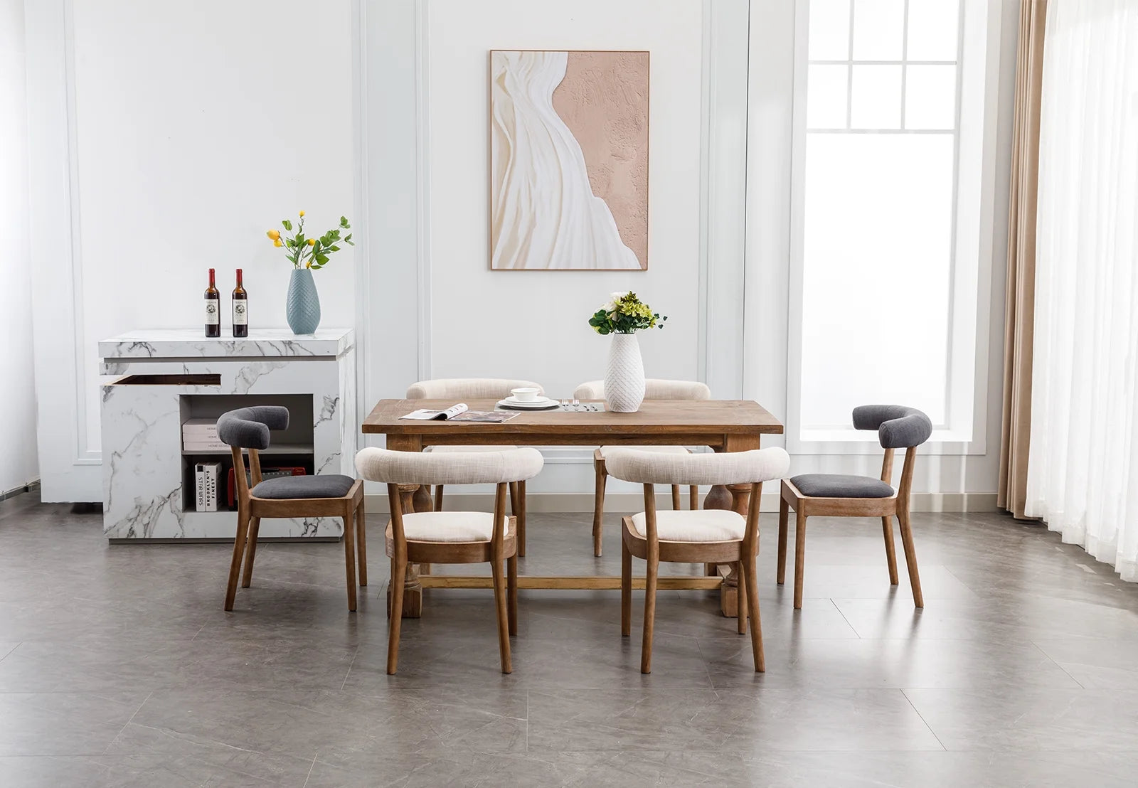 Beige Linen Upholstered Wooden Dining Chairs Set of 2 L5320