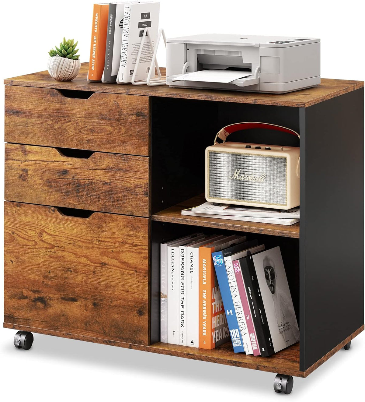 Black 3-Drawer Wood File Cabinet with Open Storage Shelves C484