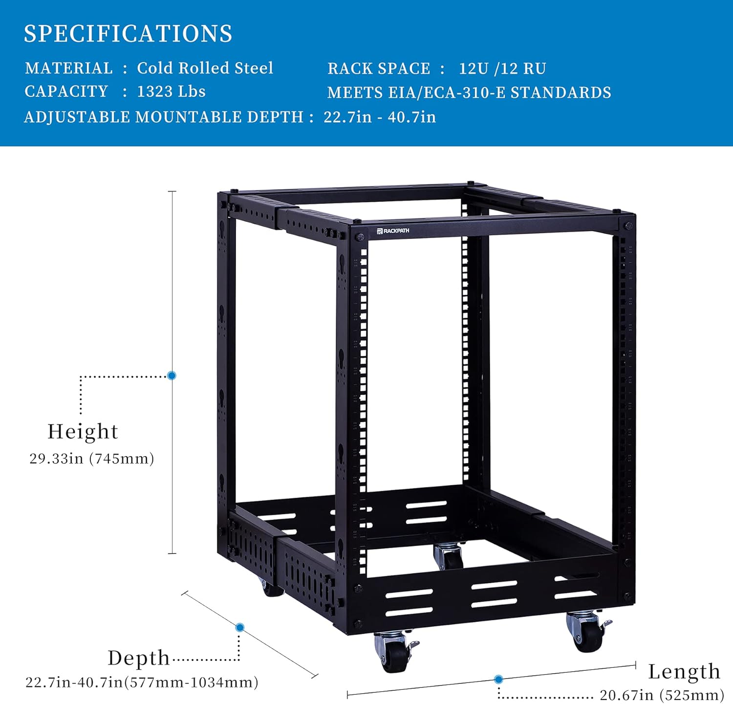12U Open Frame Server Rack, Heavy Duty 4 Post Adjustable Depth with Casters A334