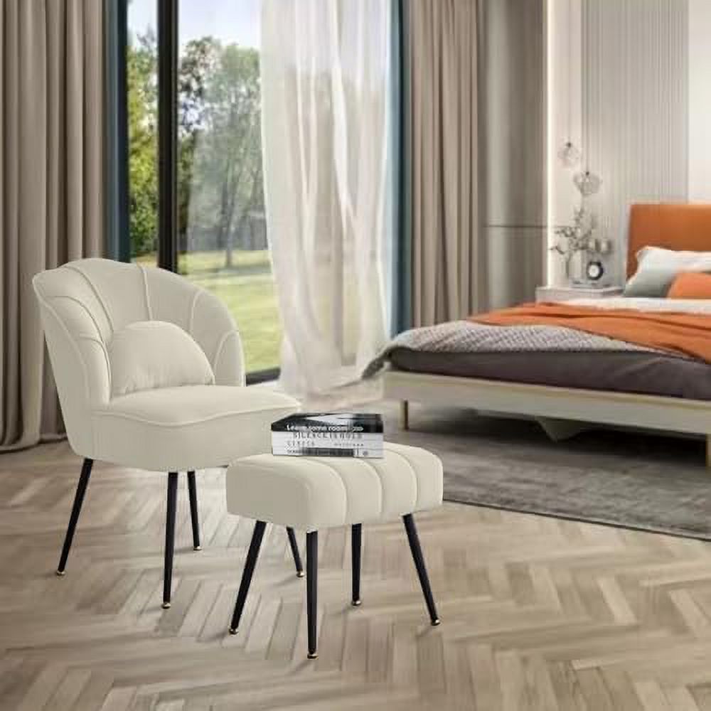 Beige Velvet Accent Chair with Ottoman and Metal Legs U341
