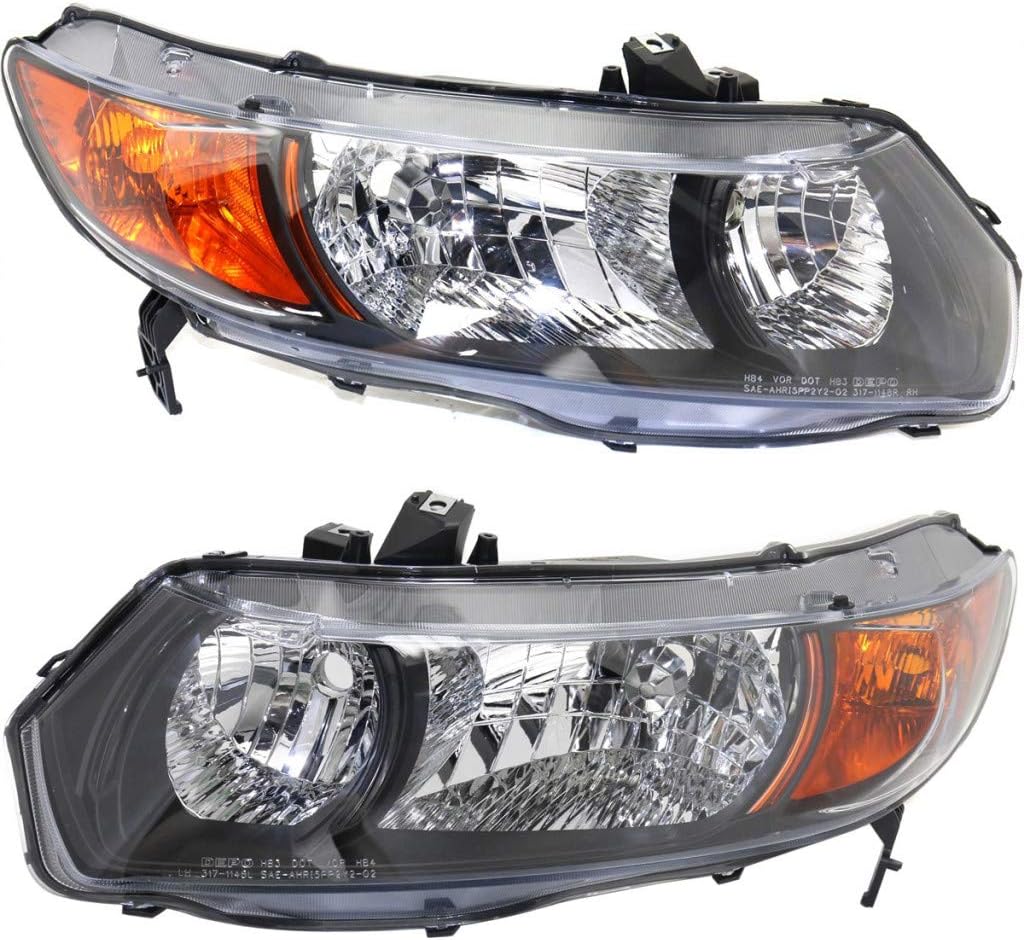 Headlight Assembly for Honda Civic 2006 2007 Driver Side Black Housing with Bulbs W751
