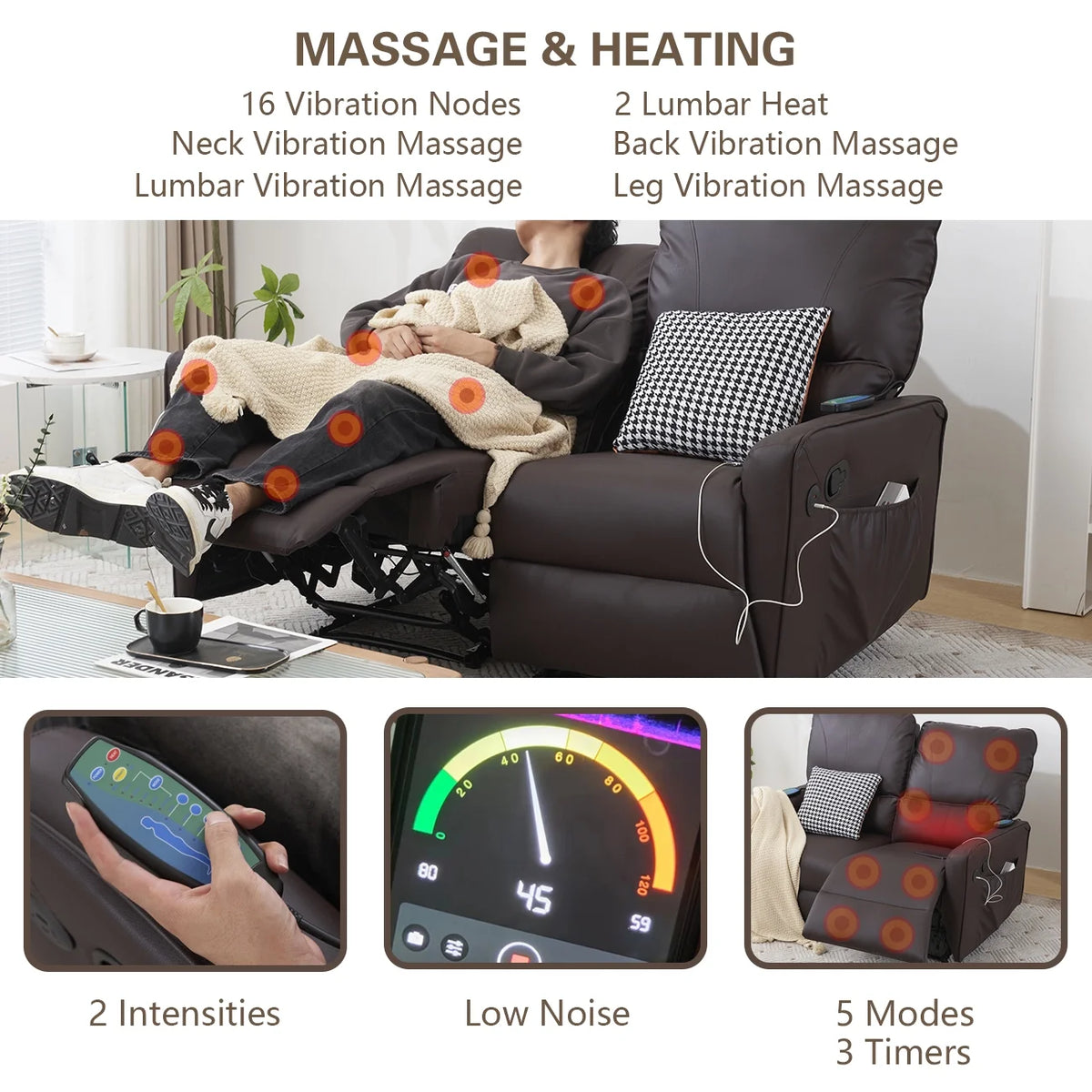 Brown 2 Seater Power Recliner with Massage and Heat T64007