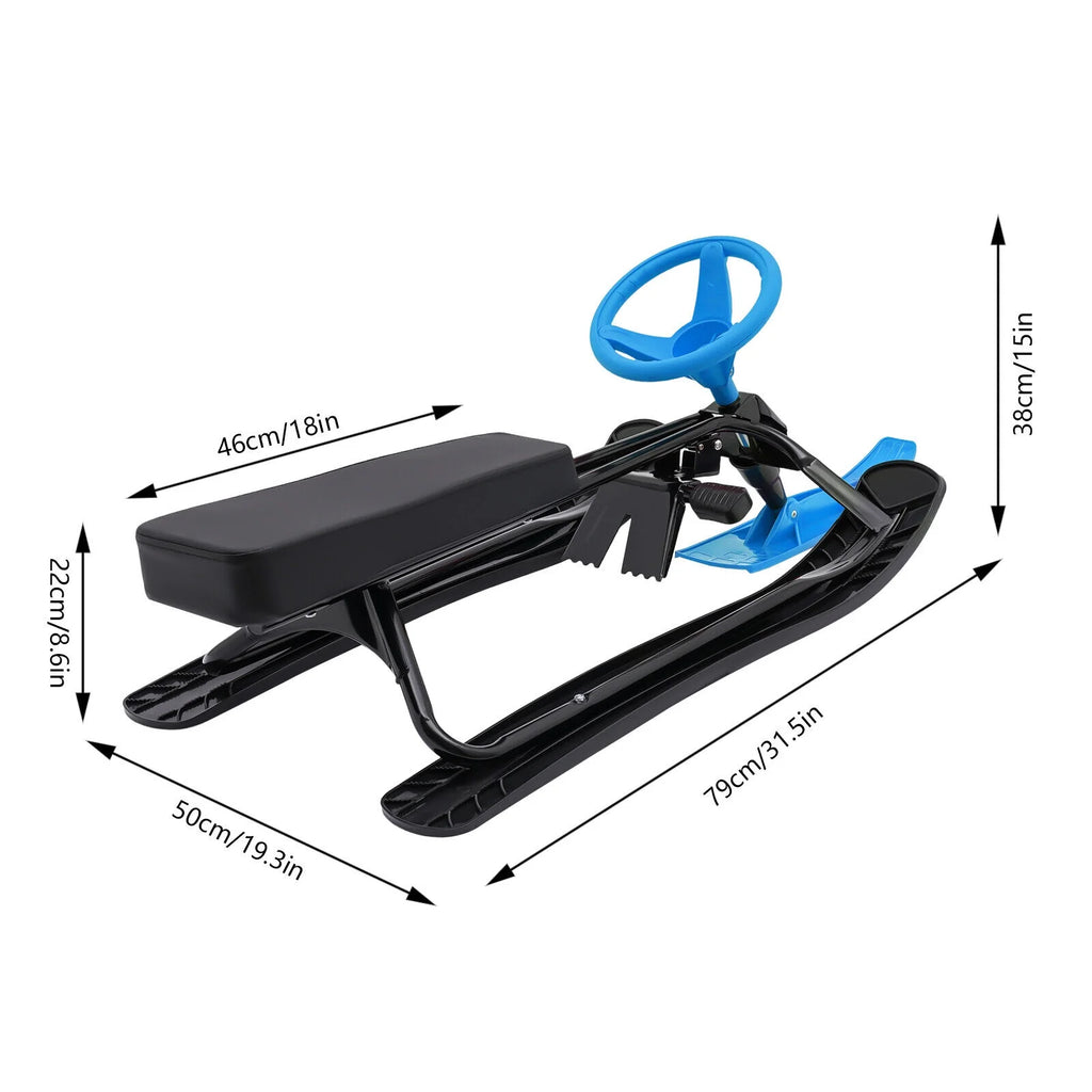 Blue Snow Sled with Steering Wheel and Double Brake Pull Rope E833803
