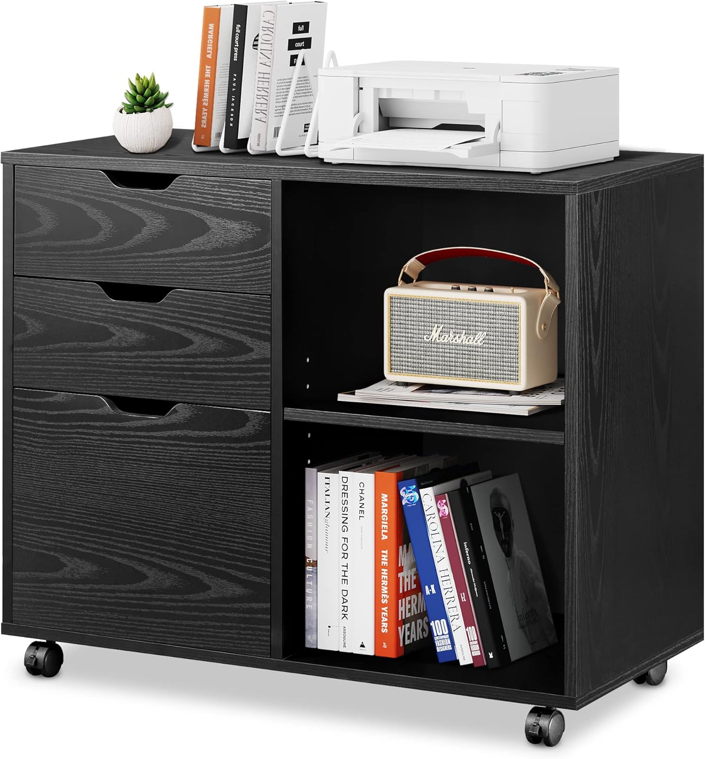 Black 3-Drawer Wood File Cabinet with Open Storage Shelves C484