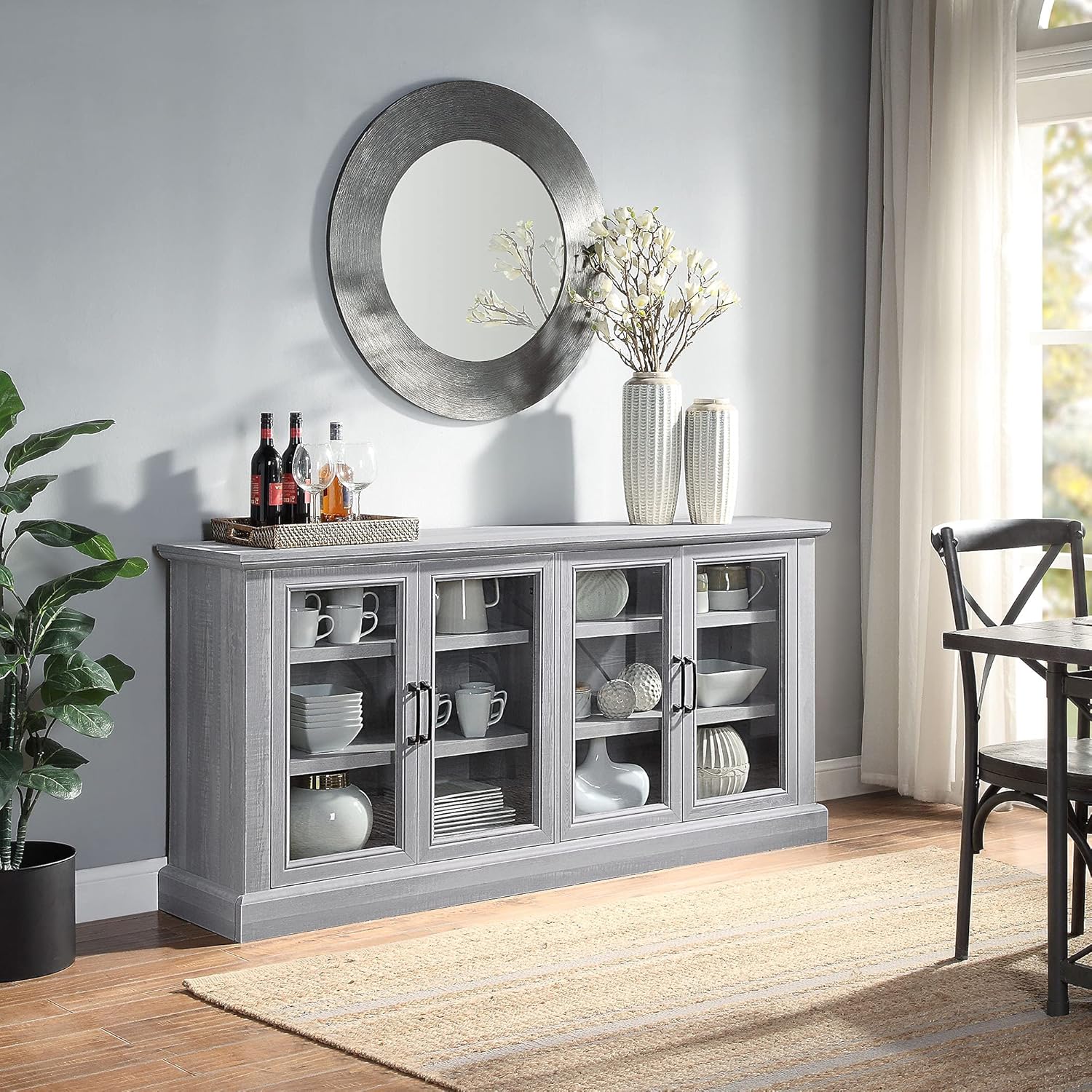 Farmhouse Wood Sideboard Buffet Entertainment Center with Storage Cabinet, Glass Doors, and Adjustable Shelves G717