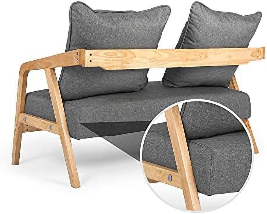 Grey 2-Seat Fabric Loveseat Sofa with Wood Armrest D869
