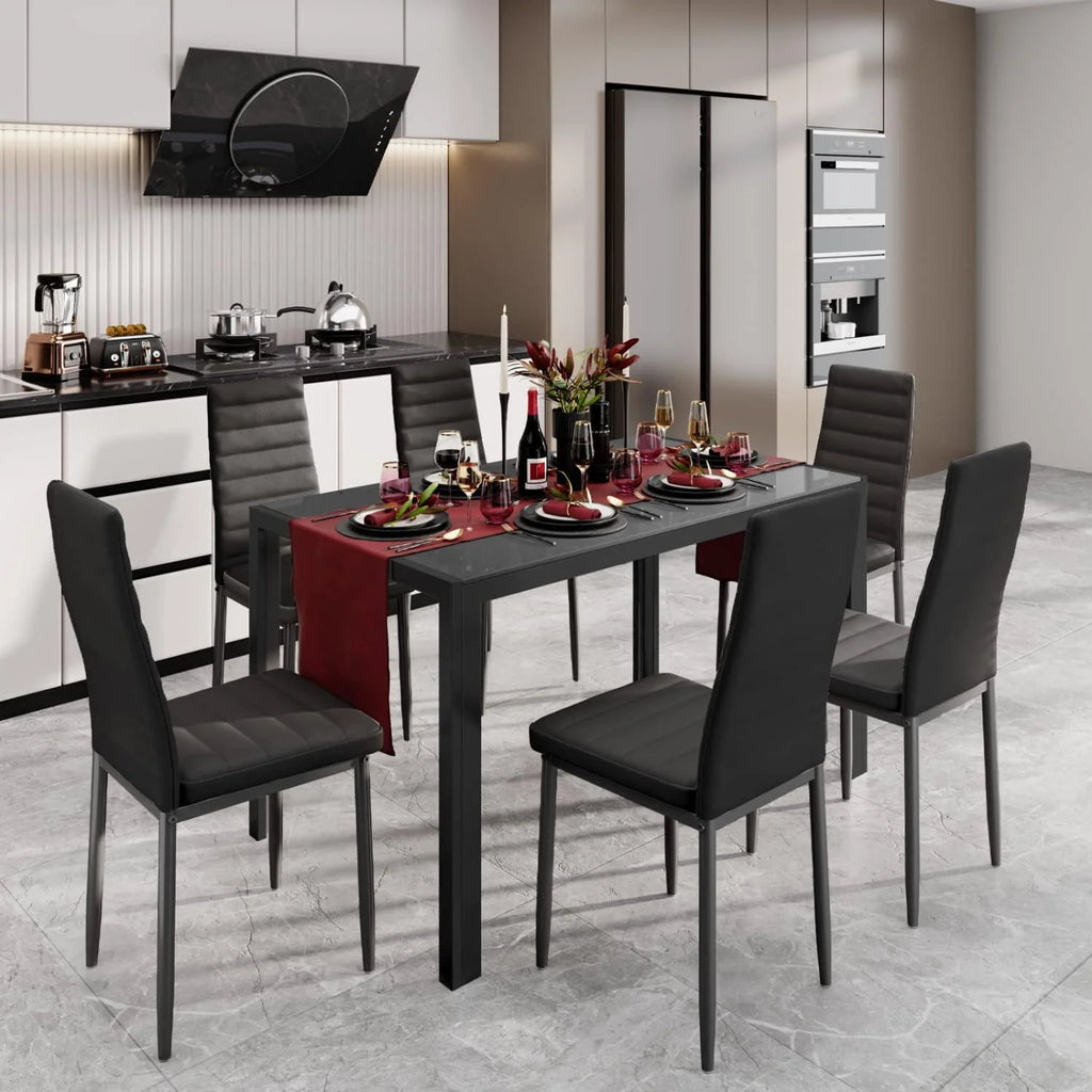 Black PU Leather Dining Table Set with 6 Chairs T89490